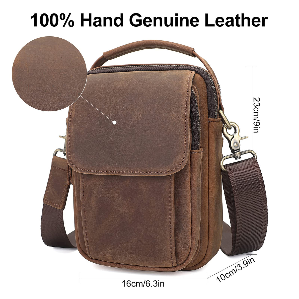 Augus Leather Small Messenger Bag For Men Crossbody Handbag Shoulder Sling Travel Bags for Men Purse Daypack Magnetic Buckle (Brown)
