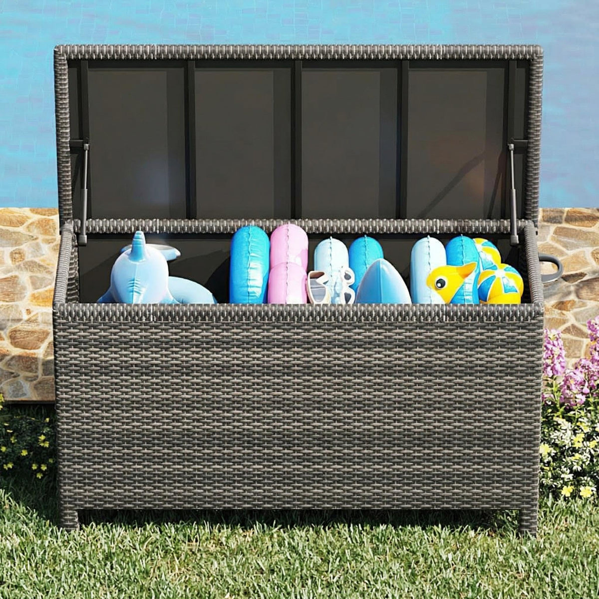 IDEALHOUSE 125 Gallon Outdoor Storage Deck Box with Wheels, Waterproof PE Rattan Garden Storage Chest for Patio, Balcony, Poolside, and Backyard, Portable Storage Container with Handles, Gary