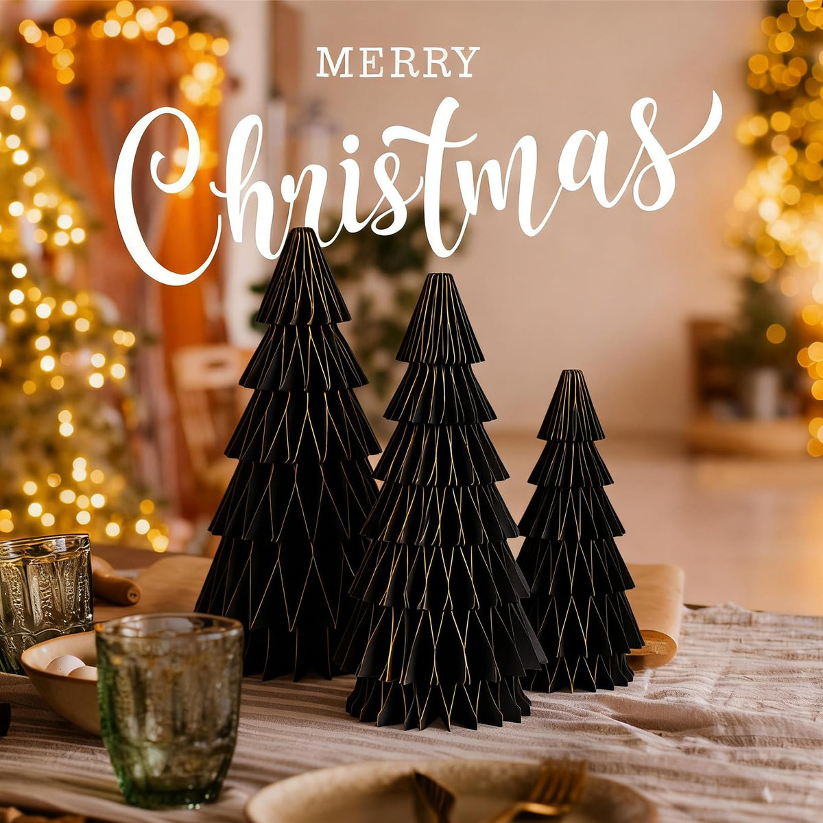 SUNBEAUTY 3PCS Black and Gold Honeycomb Paper Christmas Tree, 3D Christmas Tree Table Centerpiece with Magnetic Attachment,Christmas Winter Newyear Party Holiday Home Decor