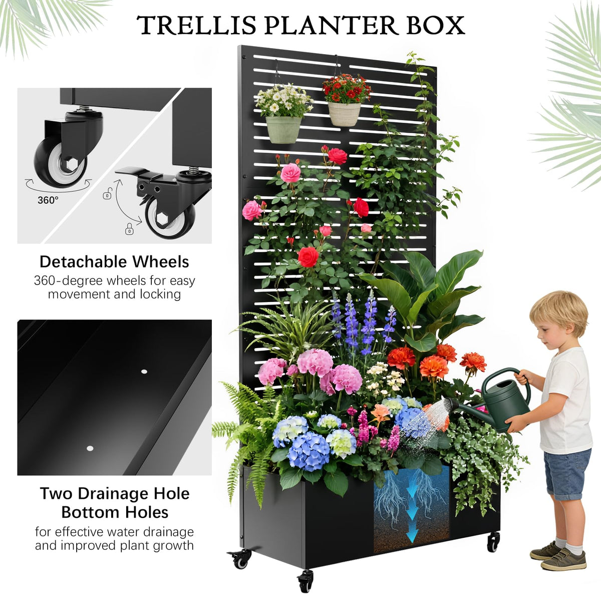 Baotree Metal Raised Garden Planter Bed, 72"x35"x16" Outdoor Planter Box with Trellis and Wheels for Climbing Plants, Vegetables & Vines, Features Drainage Holes and Privacy Screen (Black-Louvered)