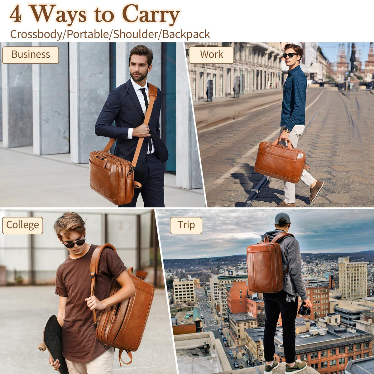 Faux Leather Messenger Bag for Men | 17-17.3 Inch Leather Mens Laptop Bag Leather Briefcasen Convertible Backpack 3 in 1 Computer Handbags Work Bag Shoulder Crossbody Bag Office | Vintage Brown