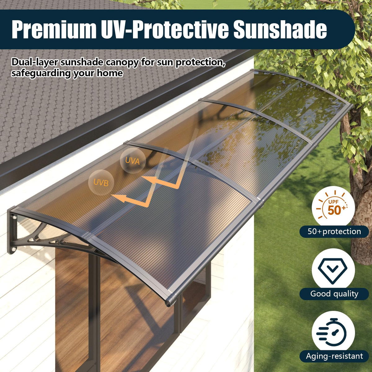 NEBAIKA Awning for Outside, 32x120 UV-Resistant Rain and Snow-Proof House Overhang Canopy, Polycarbonate Door Awnings Exterior for Outdoor Patio, Porch, Deck, Window