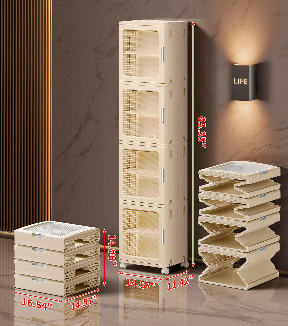 BUMODEL 4-Tier Tall Narrow Bathroom Storage Cabinet with Doors and Adjustable Shelves Slim Foldable Cabinets with Wheels Small Spaces Plastic Organizers for Kitchen Laundry Room Bedroom Pantry,Beige