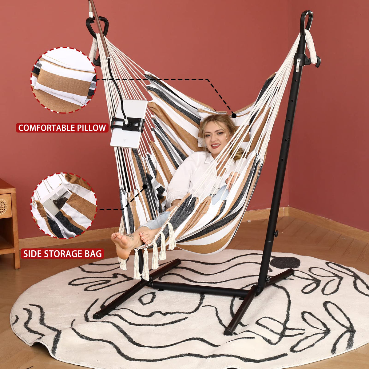 ZEYU Hammock Chair with Stand Double Hammock Chair Bohemian Style with Tassel Mobile Phone Support Manual Adjustable Swing Indoor and Outdoor Garden Porch with Floor mat Reclining Capacity 400 pounds
