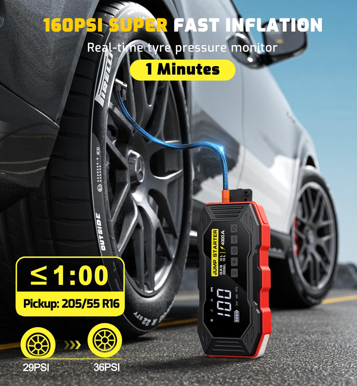 Jump Starter with Air Compressor, Portable Car Battery Jump Starter(12 Gas/10L Diesel), 4000A Peak 160PSI 12V Automobile Jump Box Pack Chargers with Jumper Cables, 4-Mode LED Lights (Black&Red)