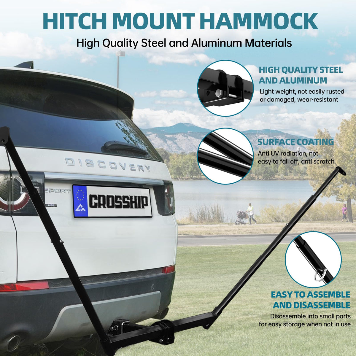 CROSSHIP Hitch Mount Hammock Stand - Includes Parachute Nylon Hammock & Storage Bag - for 2'' Receiver, Fits Class III & IV Heavy Duty Trucks, for Camping, Outdoor, Travel (350lbs Weight Capacity)