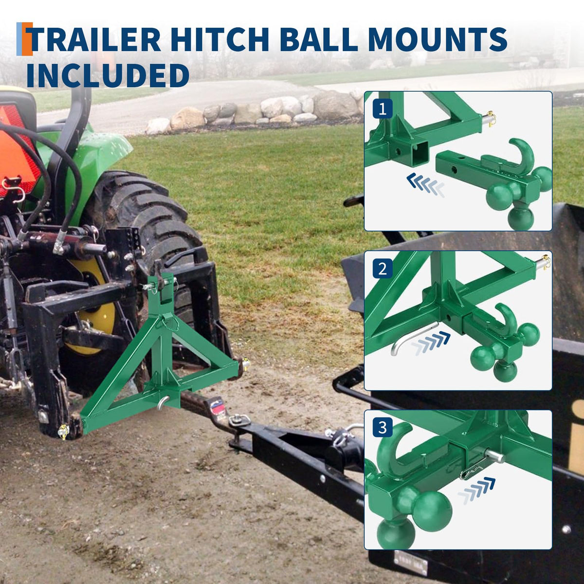 GarveeTech Tractor 3 Point Hitch Receiver - 2 in Receiver & Towing Ball Mount for Implements Hauling, 10,000 LB Tractor Trailer Hitch Attachment for Tractors Standard Category 1