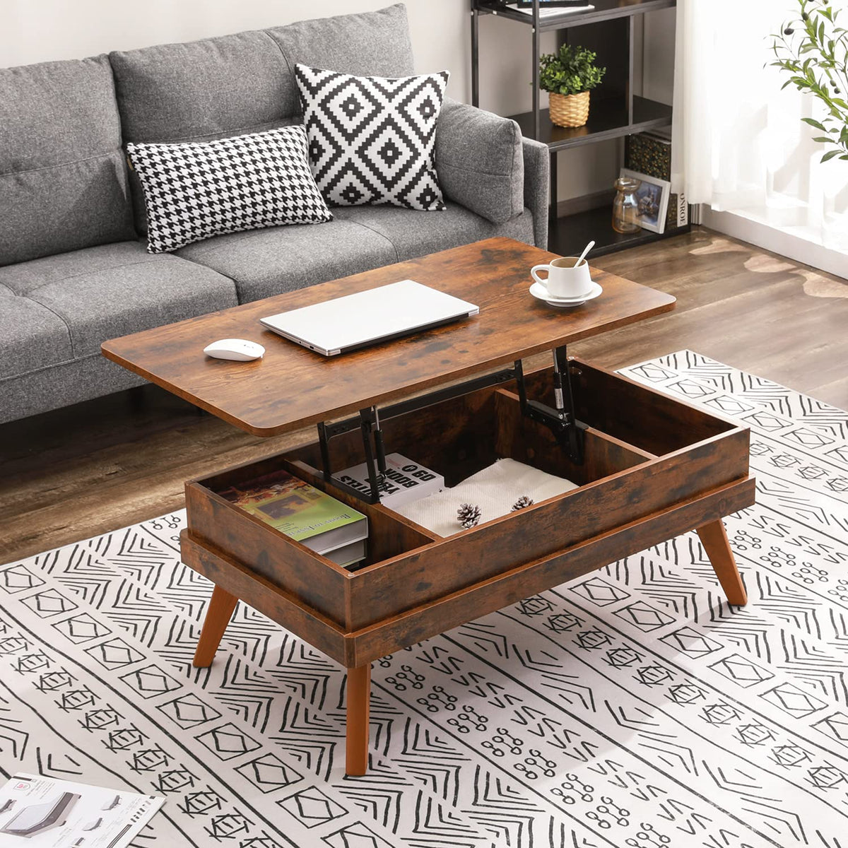 Bidiso Lift Top Coffee Table, Easy-to-Assembly Center Table with Hidden Storage Compartment, Industrial Lift Tabletop Dining Table for Living Room Reception/Home Office, Rustic Brown
