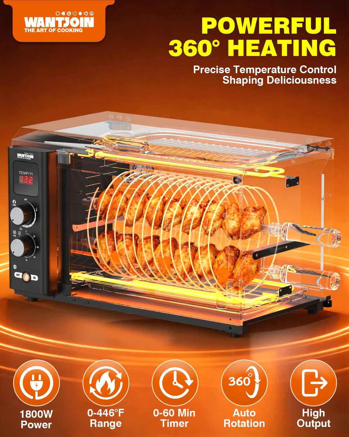 WantJoin Electric Rotisserie Oven - 37QT 3-in-1 Rotisserie Grill Oven, Dual Skewers, Grilling Rack, 360°Auto-Rotate Heating, Rotisserie Cooker Machine for Home Kitchen & Party Use,1800W