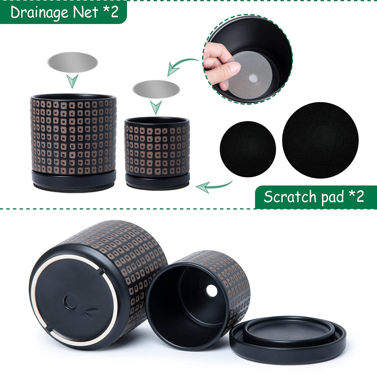 D'vine Dev Set of 2 Ceramic Planter Pots with Drainage Hole and Saucer, 4.5 Inch 6 Inch Plant Pots for Plants Indoor Houseplants, Black, 99-A-2