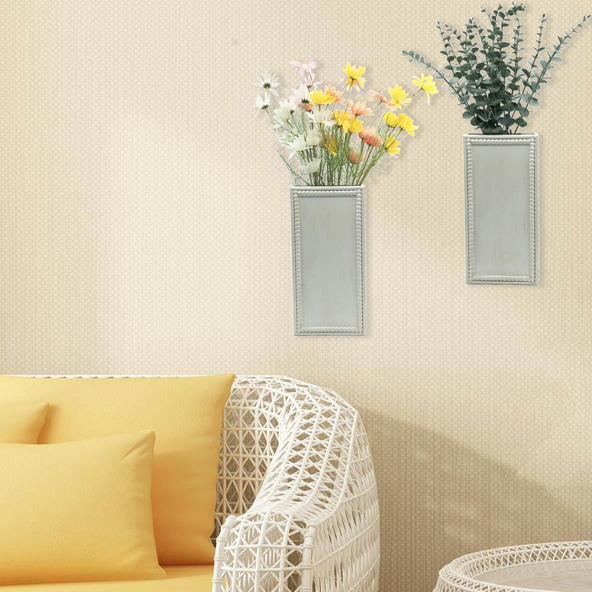 dugunusu Wood Wall Planter Set of 2, Farmhouse Wall Hanging Decor Pocket Planter for Greenery and Dried Flowers, Rustic Indoor Wood Hanging Vase (White)