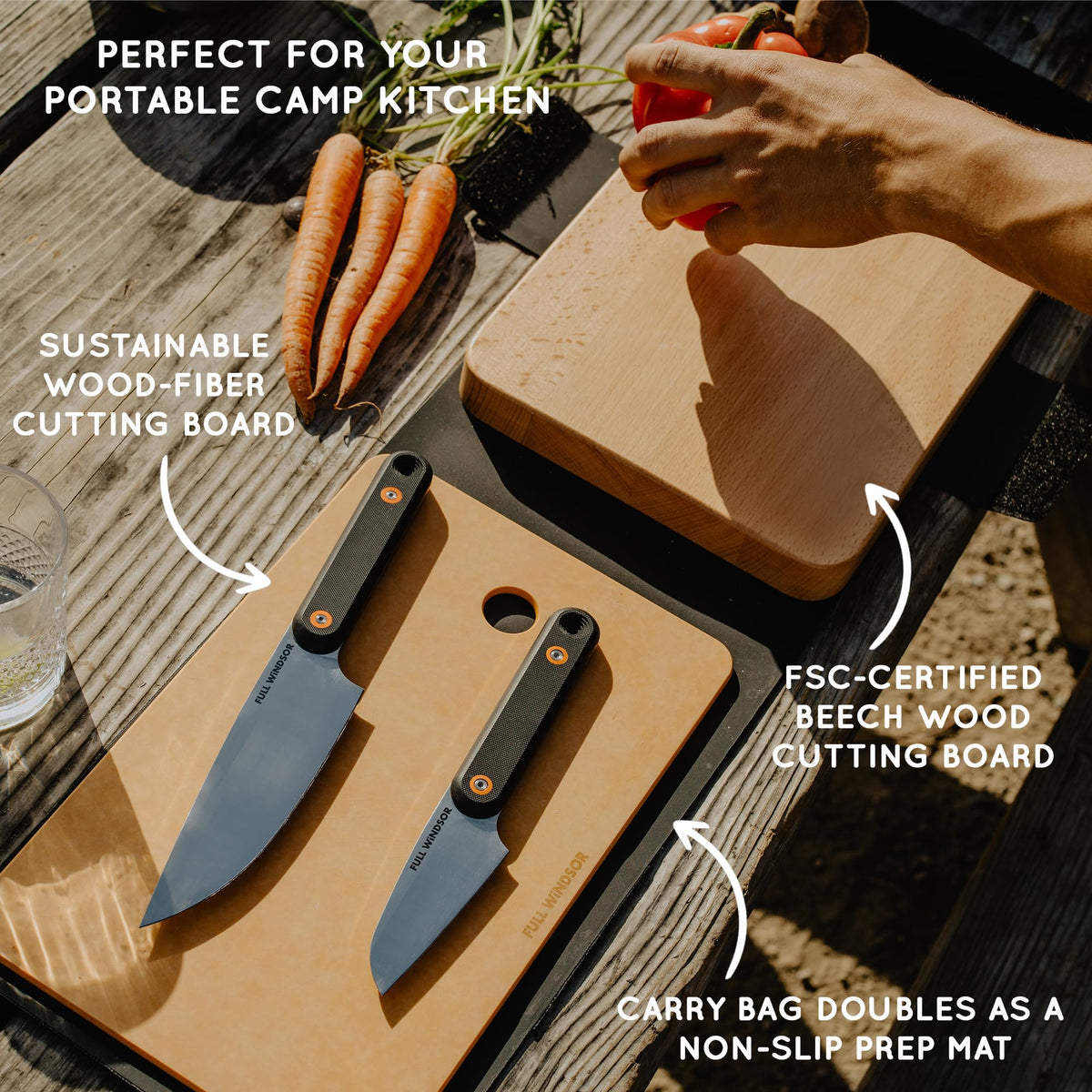 FULL WINDSOR - MagKnives Magnetic Camping Cutting Board and Knife Set - Portable Camping Kitchen Prep Kit with 2 Wood Cutting Boards, 6" Chef Knife, 3.5" Utility Knife, Carry Bag for Outdoor Cooking