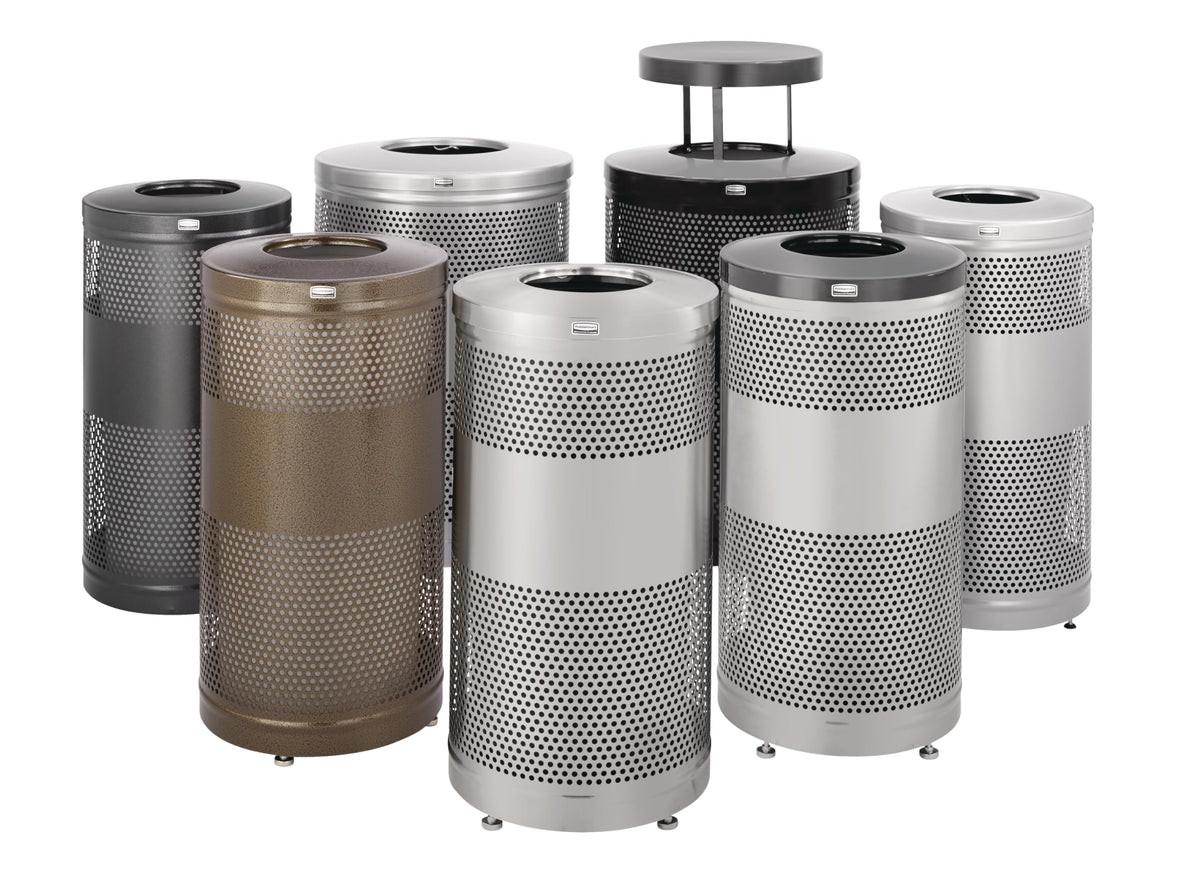Rubbermaid Commercial Products Perforated Steel Trash Can, 25-Gallon, Black, Hands-Free Indoor/Outdoor Garbage Bin for Mall/Stadium/Office/Lobby/Restaurant