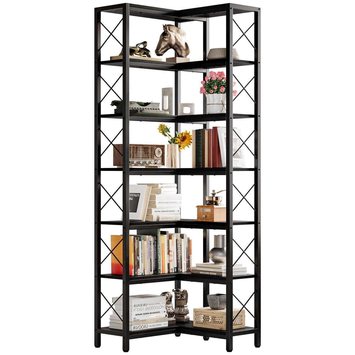 IRONCK Corner Bookshelf, 7-Tier Industrial Corner Bookcase, Tall Corner Shelf Storage Display Rack with Metal Frame for Living Room Home Office, Black