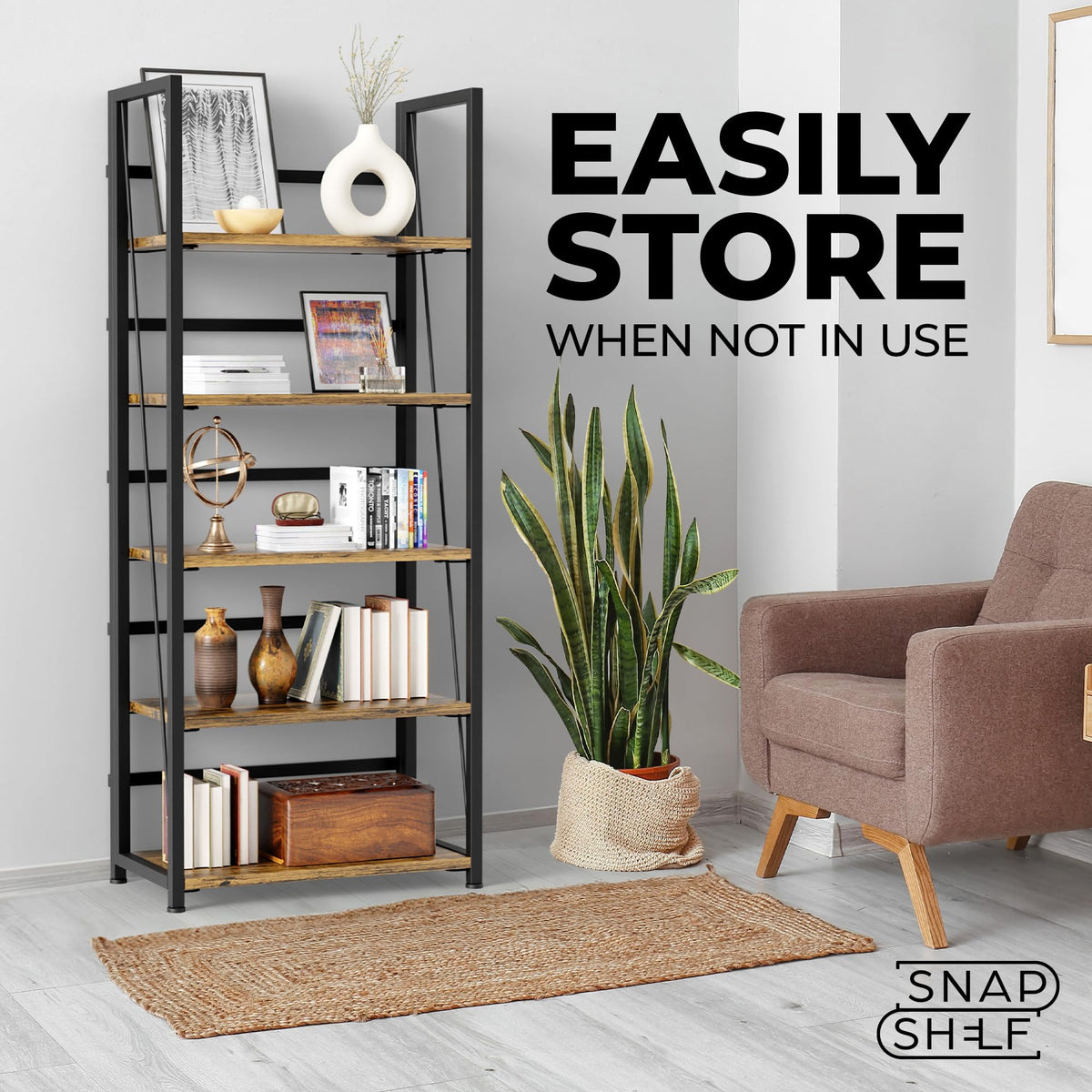 5 Tier Wood Book Shelf Organizer, No Assembly Bookshelf for Bedroom Living Room Office, Rustic Foldable Book Case, Tall Bookshelves, Open Book Shelves, Decorative Folding Shelf Display, Tall Bookcase