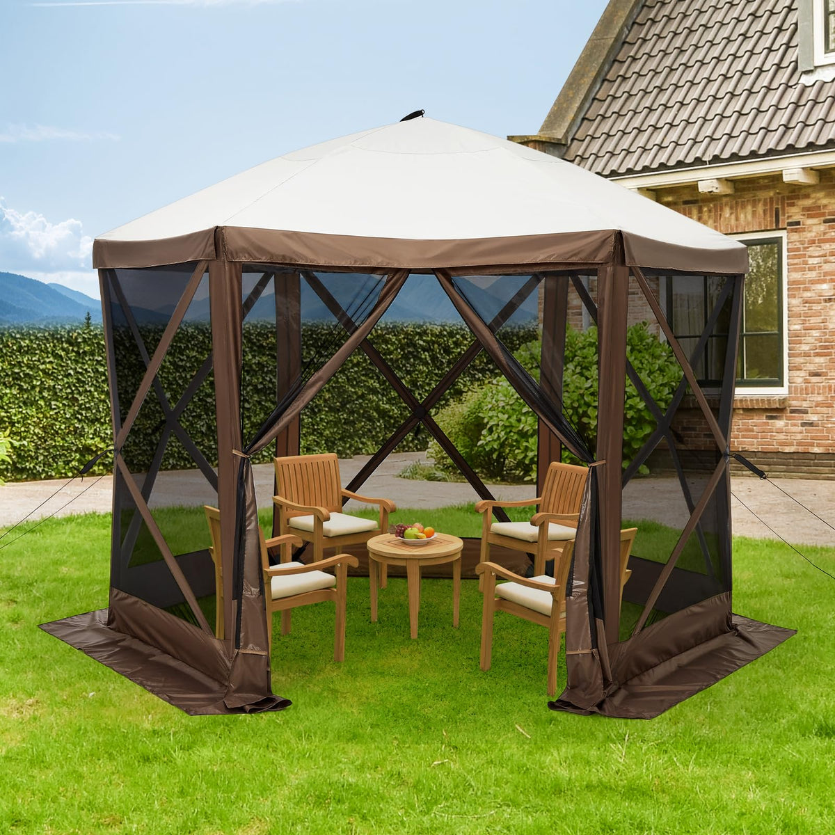 Hipicute 10x10ft Pop Up Gazebo Screen Tent with Mosquito Netting, 6 Sided Pop-Up Canopy Shelter Tent with Carrying Bag and Ground Stakes for Outdoor Camping, Lawn and Backyard