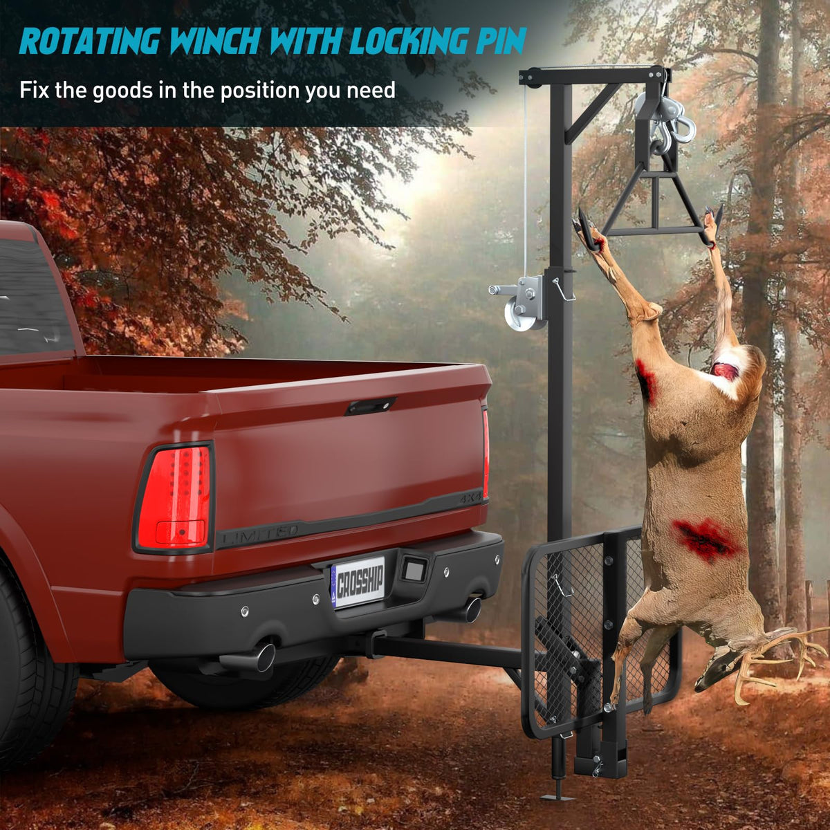 CROSSHIP Hitch Game Hoist - Deer Hoist for Truck Hitch + Lifting System Platform for 2'' Receiver, 360° Swivel Crane & Lift - Truck Bed Kit with Winch/Gambrel - 400lbs Capacity