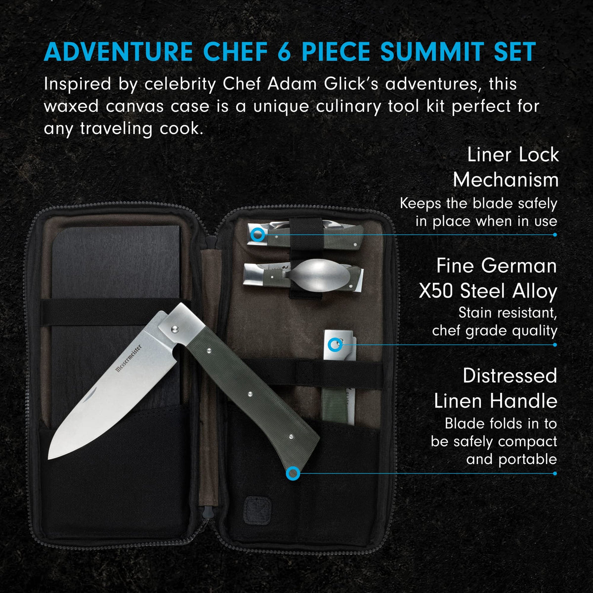 Messermeister Adventure Chef Summit Set, Distressed Linen - Folding 6” Chef’s Knife, 6” Fillet Knife, Steak Knife, Fork & Spoon, Peeler & Parer, TPE Cutting Board + Waxed Canvas Case