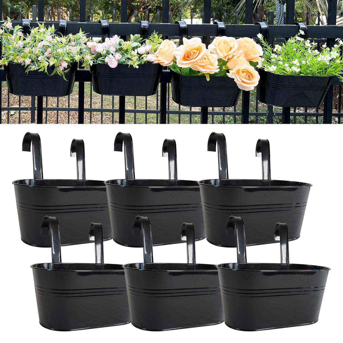 Joyfernal 12" Balcony Railing Planters, Outdoor Hanging Planter for Fence, Stylish Metal Porch Deck Flower Pot for Herbs & Succulents (Black, Pack of 6)