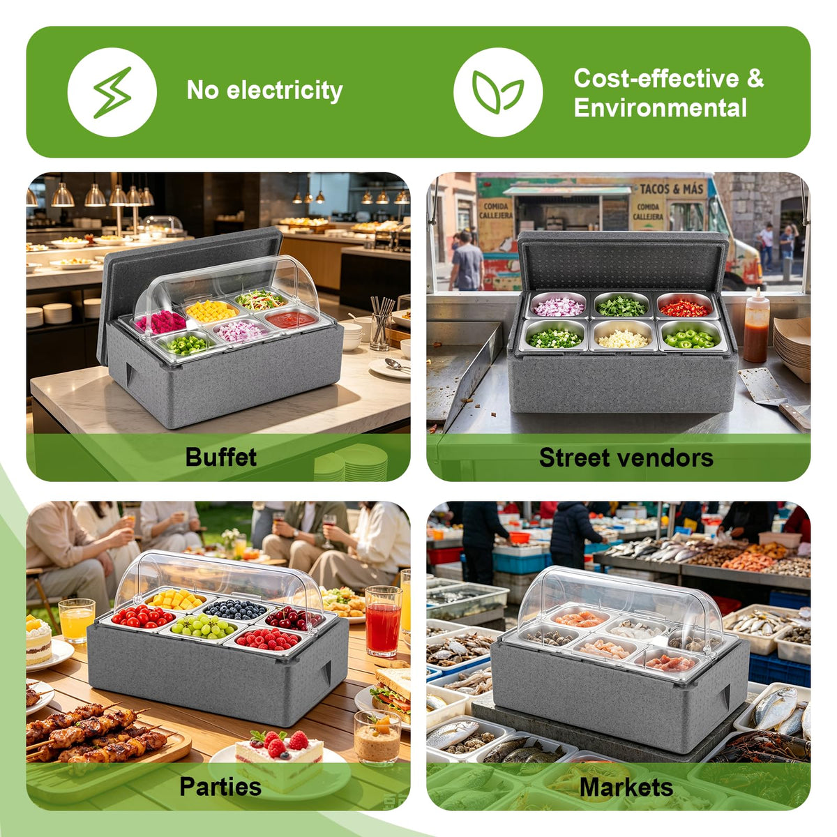 Tragaomx Insulated Cold Food Buffet Ice Serving Tray with Lid Insulation Box 6 Pans 2 Ice Packs Cooled Condiment Serving Container Ice Platter Food Cooler For Parties Buffets Fruit