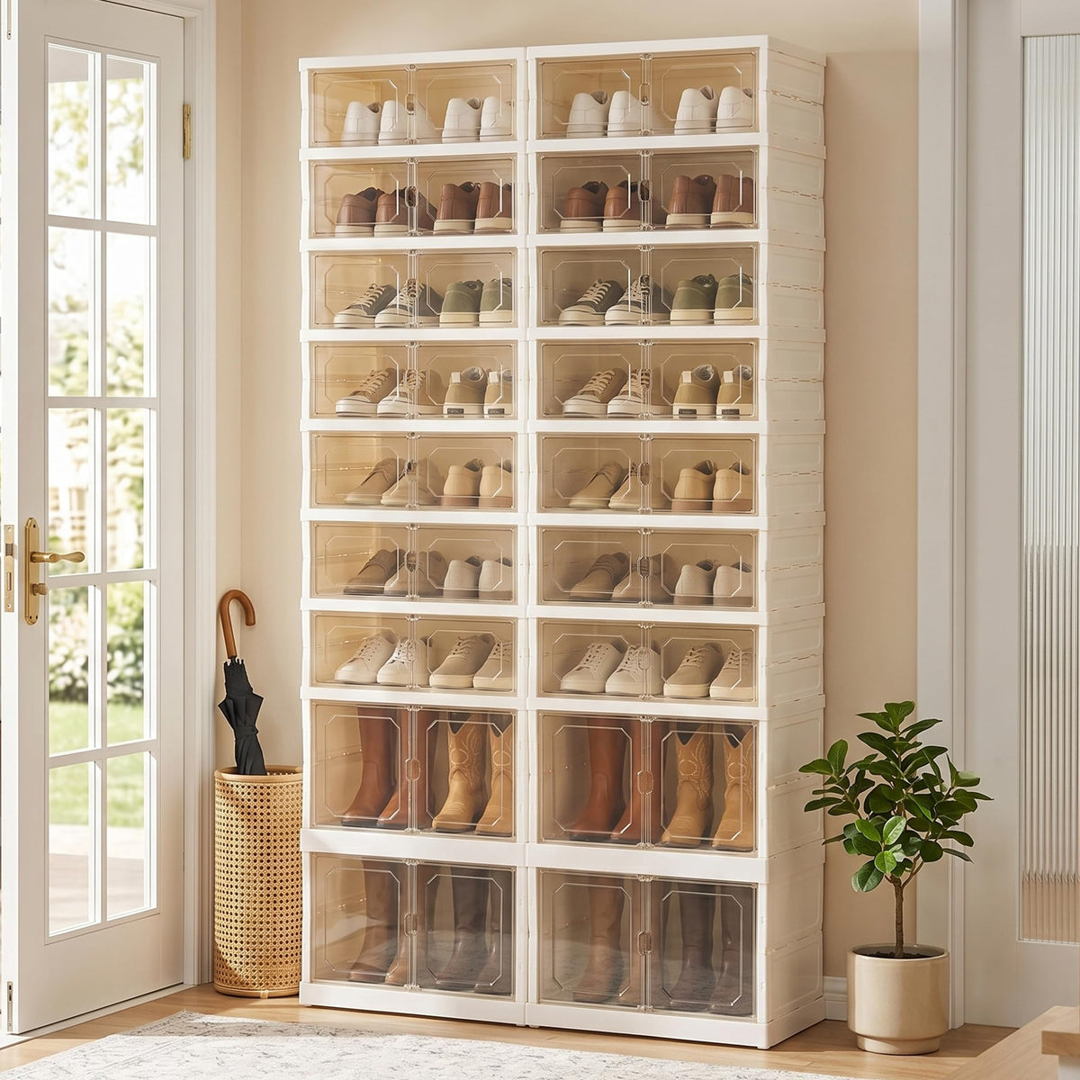 Tykacna Foldable Shoe Rack Organizer with Magnetic Clear Doors, 9 Tier Collapsible Shoe Storage Cabinet, Large Plastic Portable Shoe Box with Wheels for Closet, Entryway, Bedroom, Fits 18 Pairs