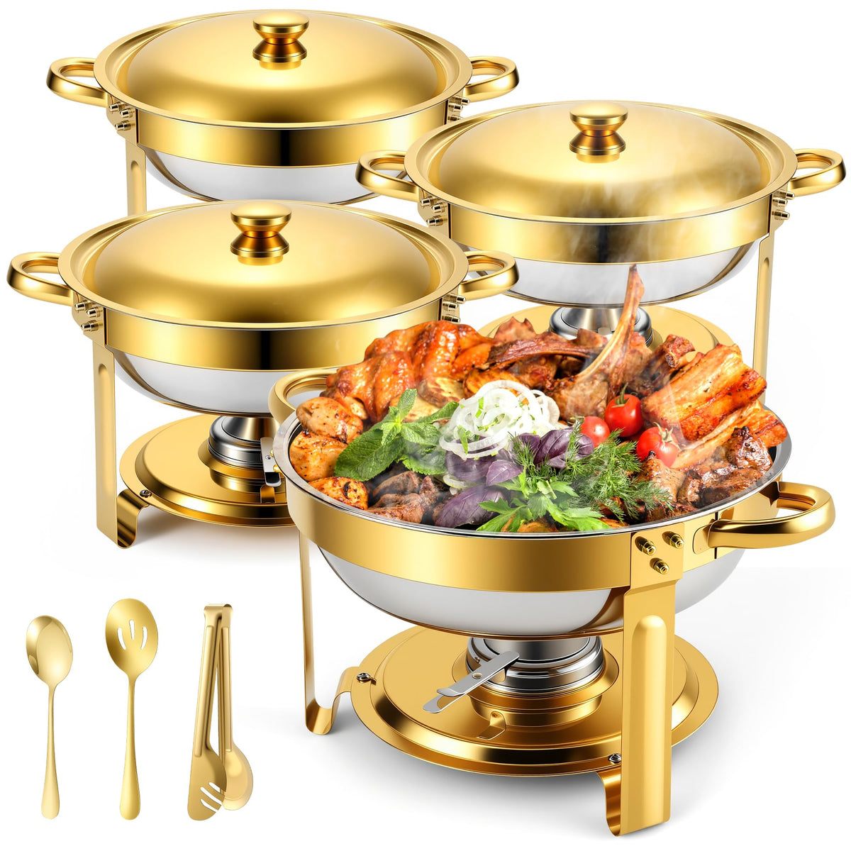 Chafing Dishes Buffet Food Warmer - Parties Servers Trays Catering Dish Warming Display Set - Chafers Keep Warm Serving Tray Round Heating Kit with Burners 4 Set Gold