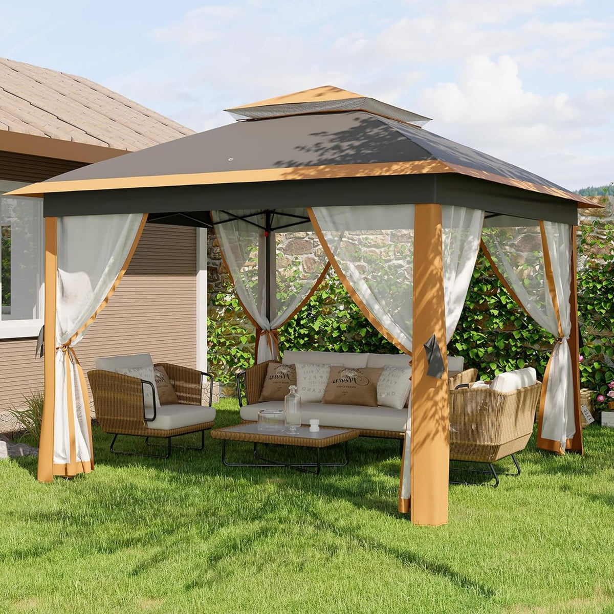 11x11 Pop-Up Gazebo, Instant Outdoor Canopy Tent with Netting, Durable Steel Frame, Water-Resistant Outdoor Gazebo for Patio, Garden, Courtyard, Party, Light Khaki+Dark Khaki