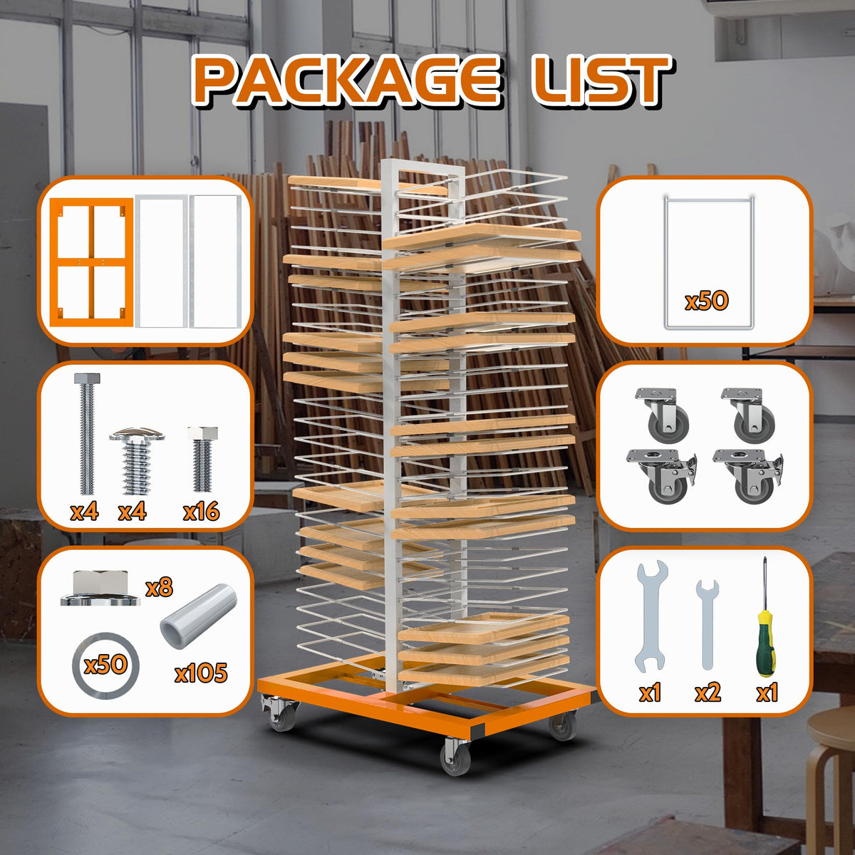 BERPET 50-Shelf Cabinet Door Paint Drying Rack - Heavy Duty Steel Mobile Stand, 1500 LBS Total Capacity (30 LBS/Tier) - Woodworking & Art Studio