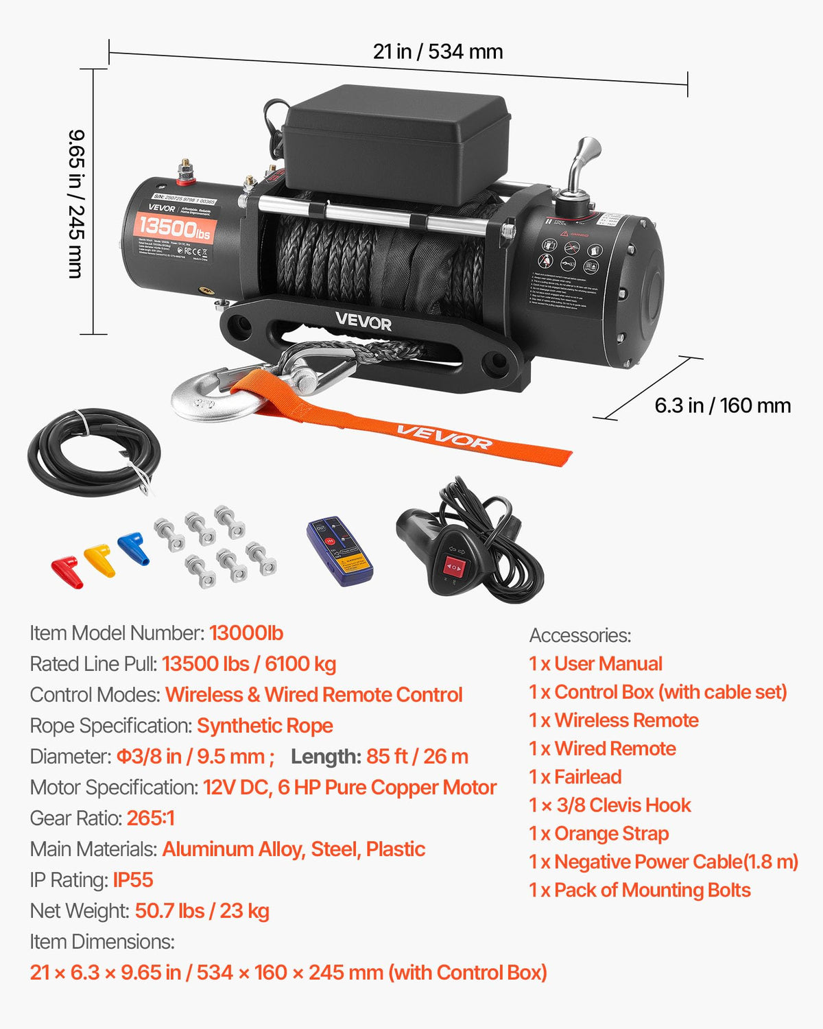 VEVOR Electric Winch, 13500 lbs Load Capacity, 12V DC Truck Winch with Φ3/8 in x 85 ft Synthetic Rope, Wireless & Wired Remote Control, IP55 Waterproof for Towing Off-Road SUV Jeep Trailer Boat