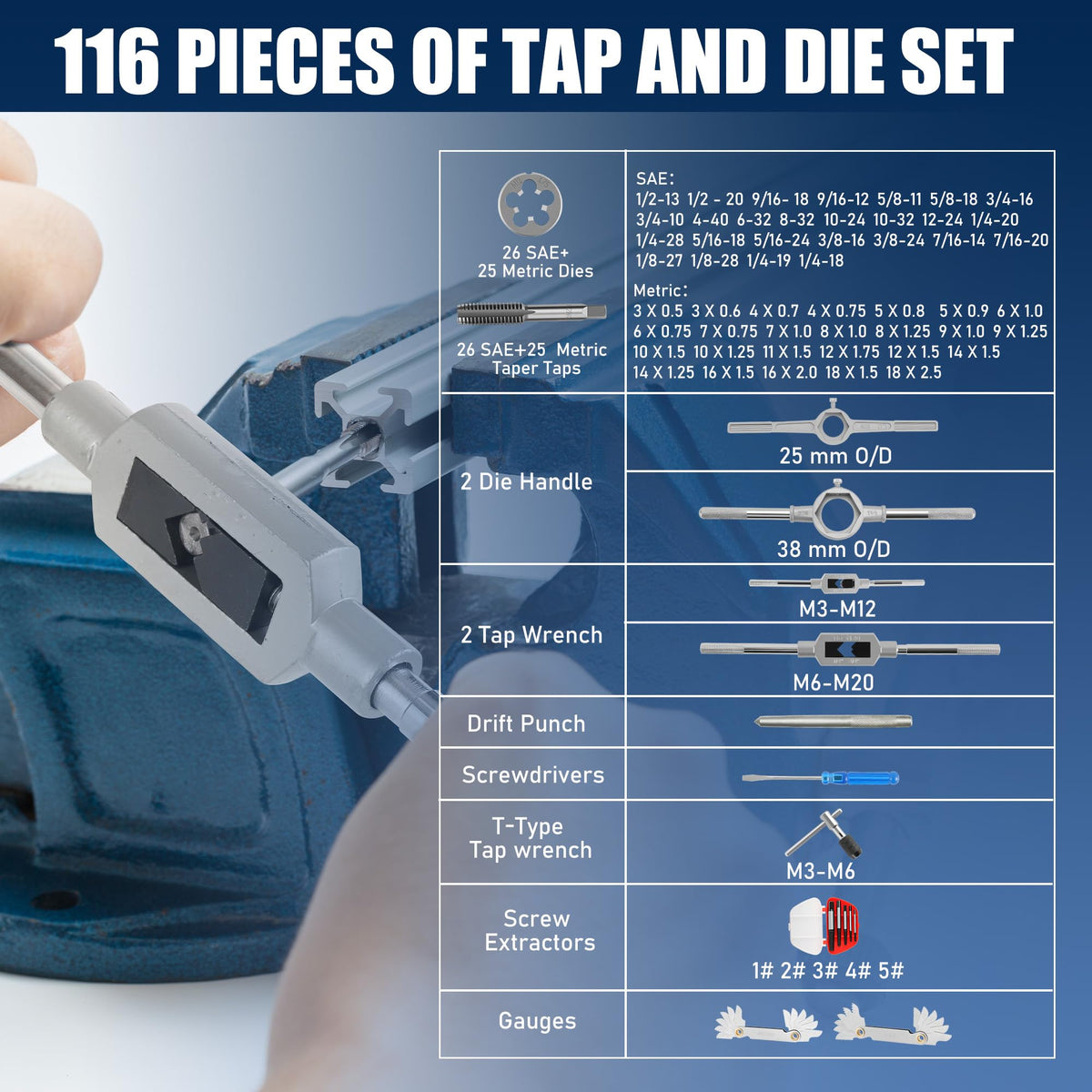 Anfrere 116pcs Tap and Die Set in SAE & Metric Sizes, Standard Tap Set and Die Tool Set for Threading and Rethreading Internal and External Threads, M3-M18 Thread Repair Kit