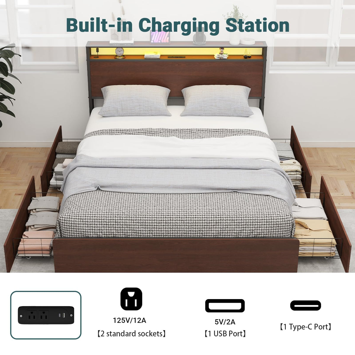 Zevemomo Full Size Bed Frame with 4 Storage Drawers, Full Platform Bed Frames with 2 Tier Storage Headboard, Charging Station, Adjustable LED Light, Noise-Free, No Box Spring Required, Reddish Brown