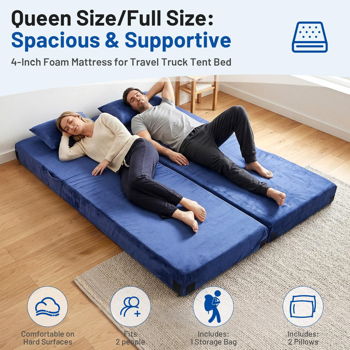Easthome Twin Memory Foam Camping Mattress Pad with Pillow - Extra Thick 4 Inch Sleeping Pad for Camping, Waterproof Roll Up Mattress Topper for Adults Car Truck Tent Guest Bed, Travel Bag, Navy Blue