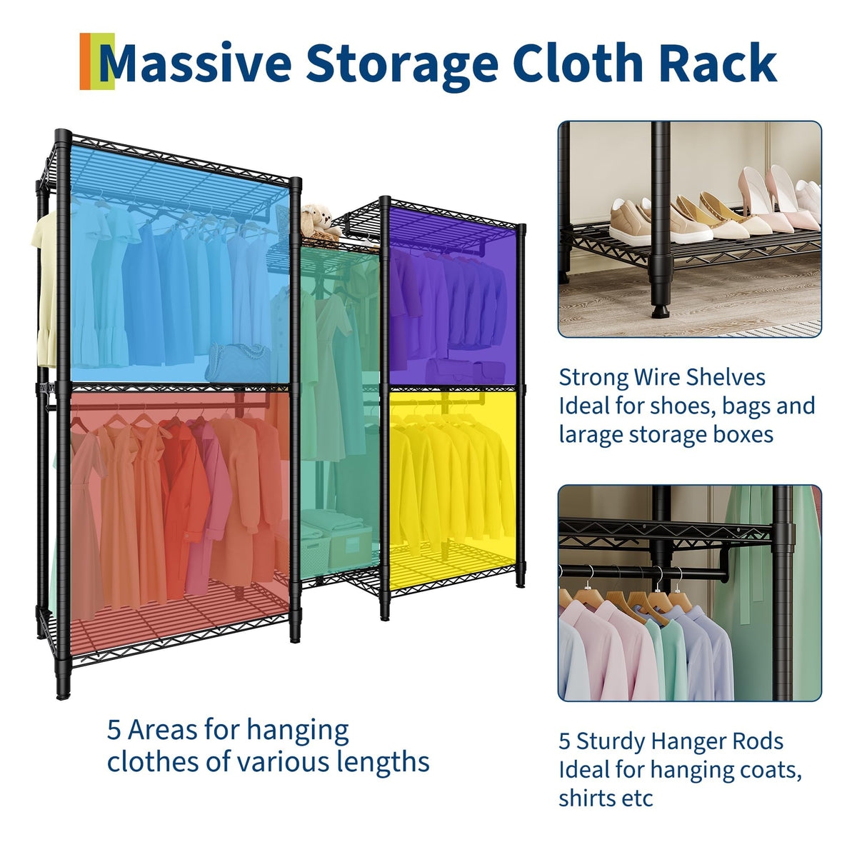 ExploreHorizon Freestanding Adjustable Garment Rack – Heavy Duty 1874LBS Capacity, 5 Hanging Rods & 8 Wire Shelves, Portable Closet Organizer (76.5" H x 73.6" L x 17.4" W)