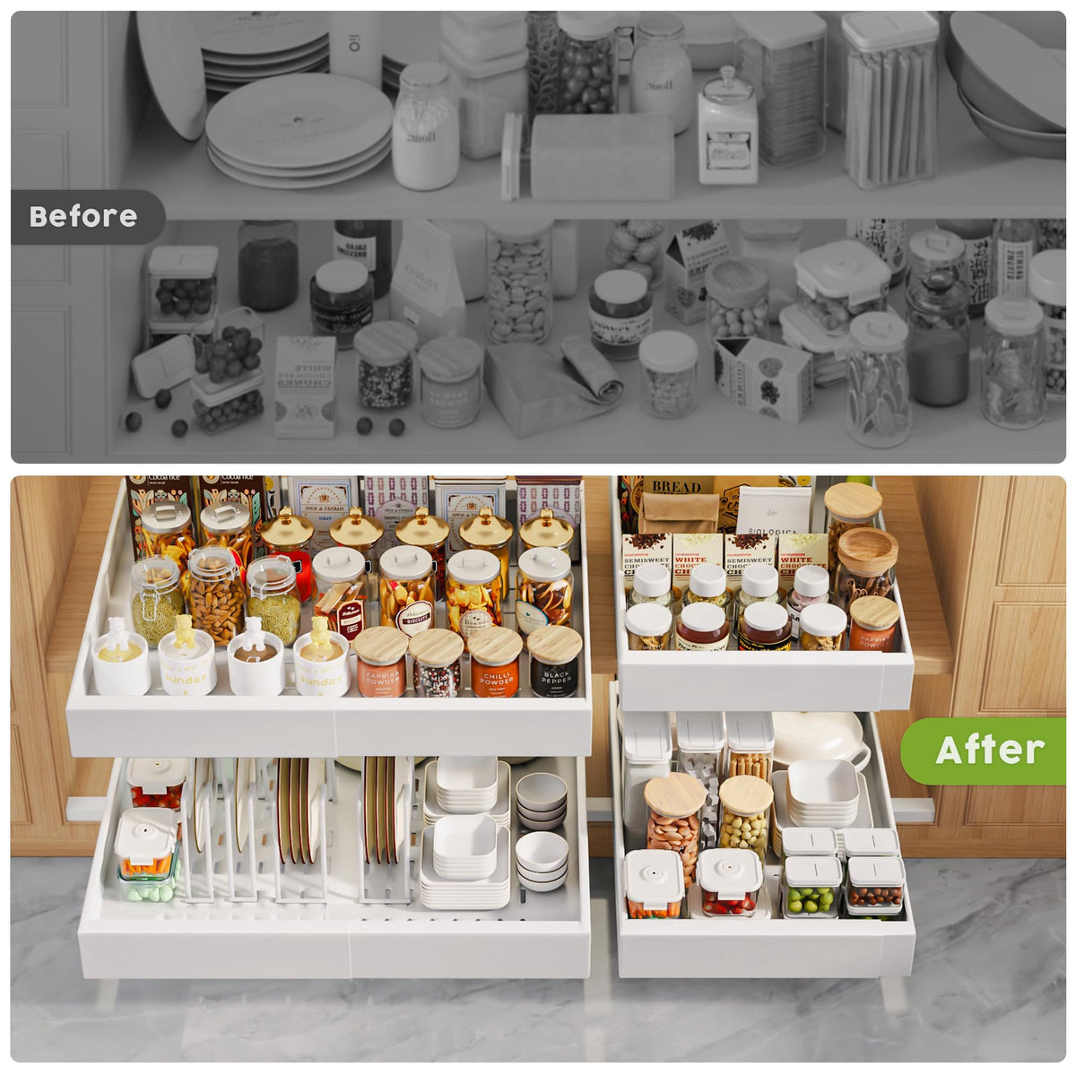 Seinloes 6 Pack Pull Out Cabinet Organizers 21" Deep With Raising Pad for Framed Cabinets, Expandable Slide Out Drawers with 4pcs Divider Racks, Roll Out Shelves, Adjustable Width 12"-20.45" White