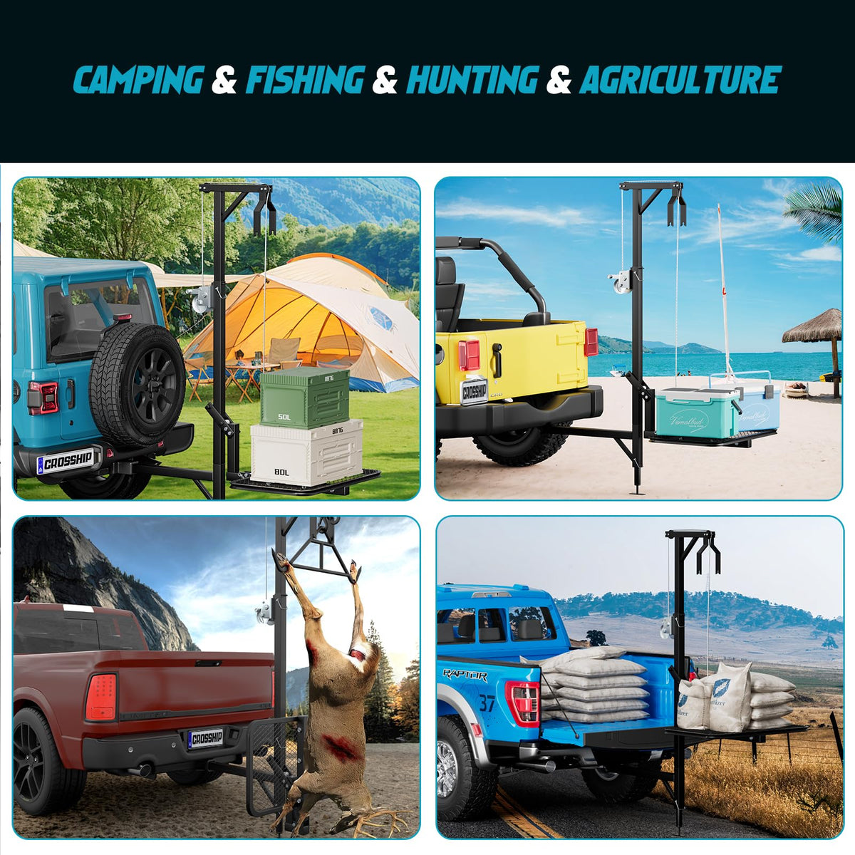 CROSSHIP Hitch Game Hoist - Deer Hoist for Truck Hitch + Lifting System Platform for 2'' Receiver, 360° Swivel Crane & Lift - Truck Bed Kit with Winch/Gambrel - 400lbs Capacity