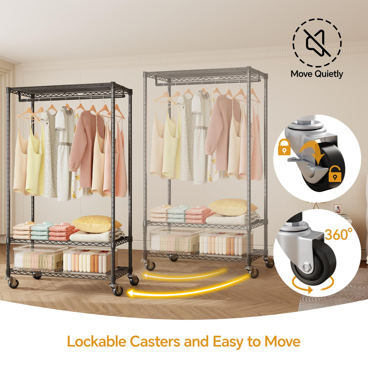 Higeego H4 Heavy Duty Clothes Rack with Cover, Rolling Garment Rack on Wheels, Portable Closet for Hanging Clothes, Black Clothing Rack with Grey Cover, Max Load 380LBS