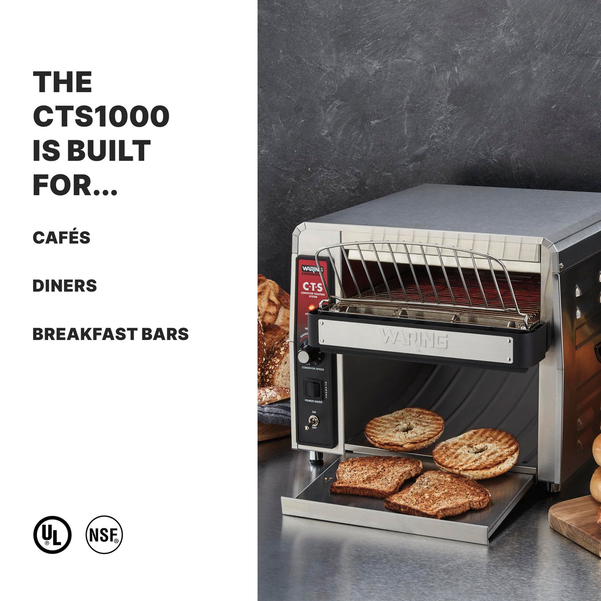 Waring Commercial Heavy-Duty Conveyor Toaster, 450 Slices per Hour, Stainless Steel Construction, for Cafes & Restaurants, NSF Certified, 120V, CTS1000