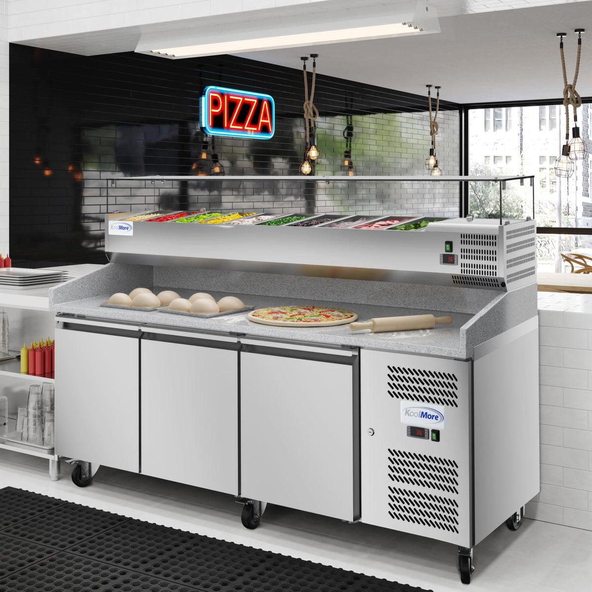 KoolMore 79 in. Three-Door Commercial Granite Top Pizza Prep Refrigerator with Refrigerated Condiment Pan Holder in Stainless-Steel (KM-RPCPS-2D79-GRT)