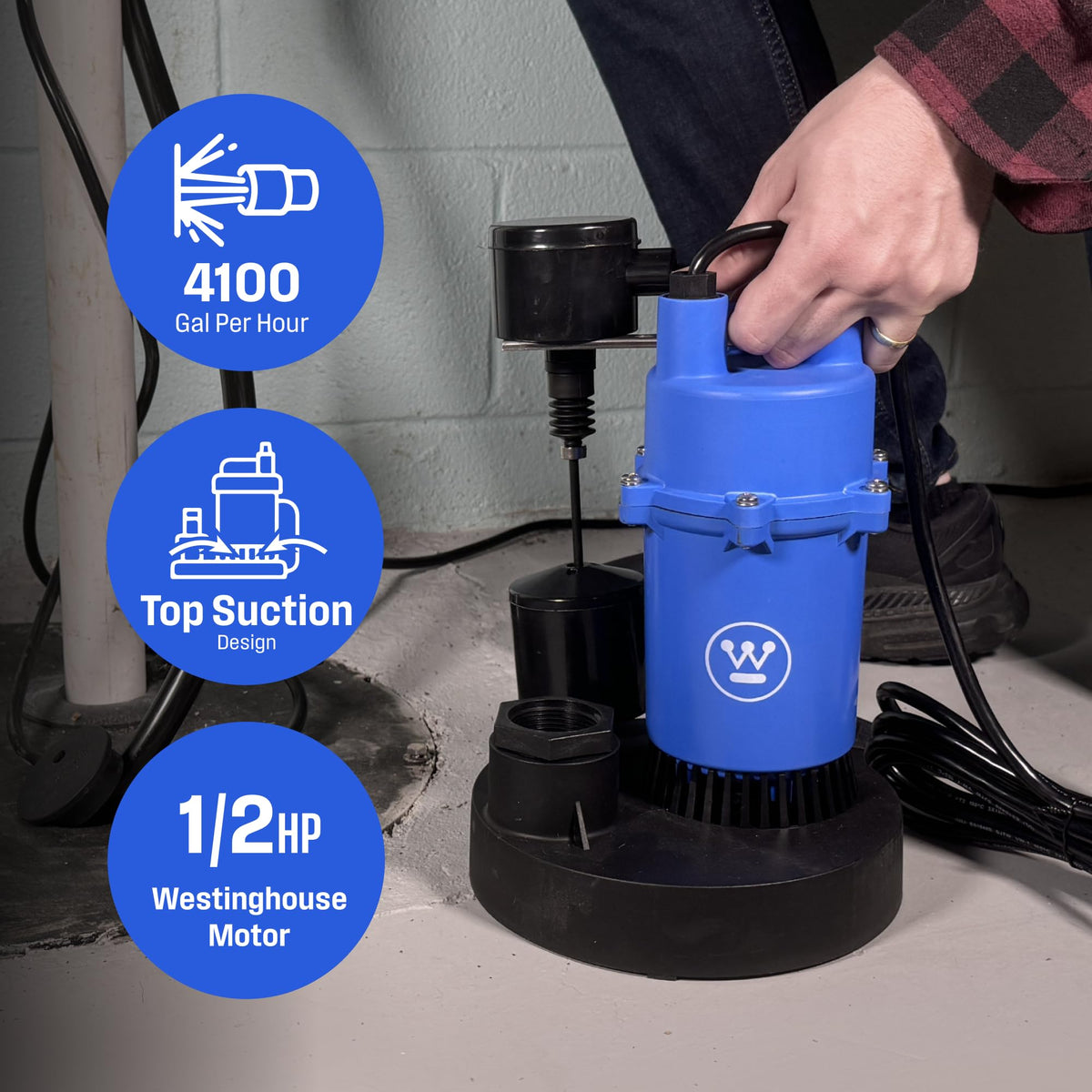 Westinghouse Sump Pump 1/2 HP 69 GPM Submersible Water Pump Automatic Vertical Float Switch Heavy Duty Basement Crawl Space Flood Removal Pump High Flow Water Drainage