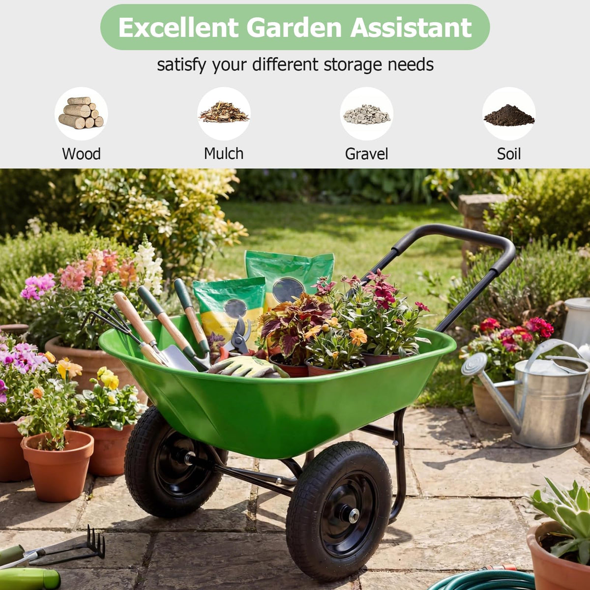 ERGOMASTER Dual-Wheel Wheelbarrow, Home Utility Garden Cart, Large Heavy Duty Yard Cart for Gardening (Bright Green)