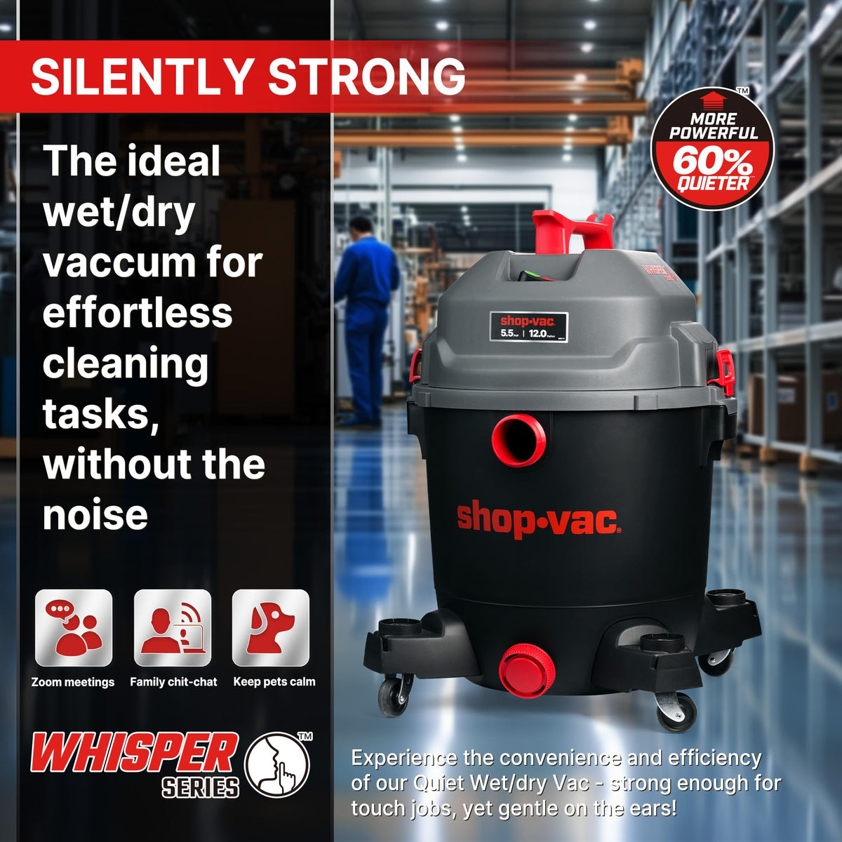 Shop-Vac 5430098 Ultra Quiet Wet/Dry Vacuum, 12 Gallon, 5.5 HP Powerful Suction & Heavy Duty for Jobsite, Garage, Workshop & Home