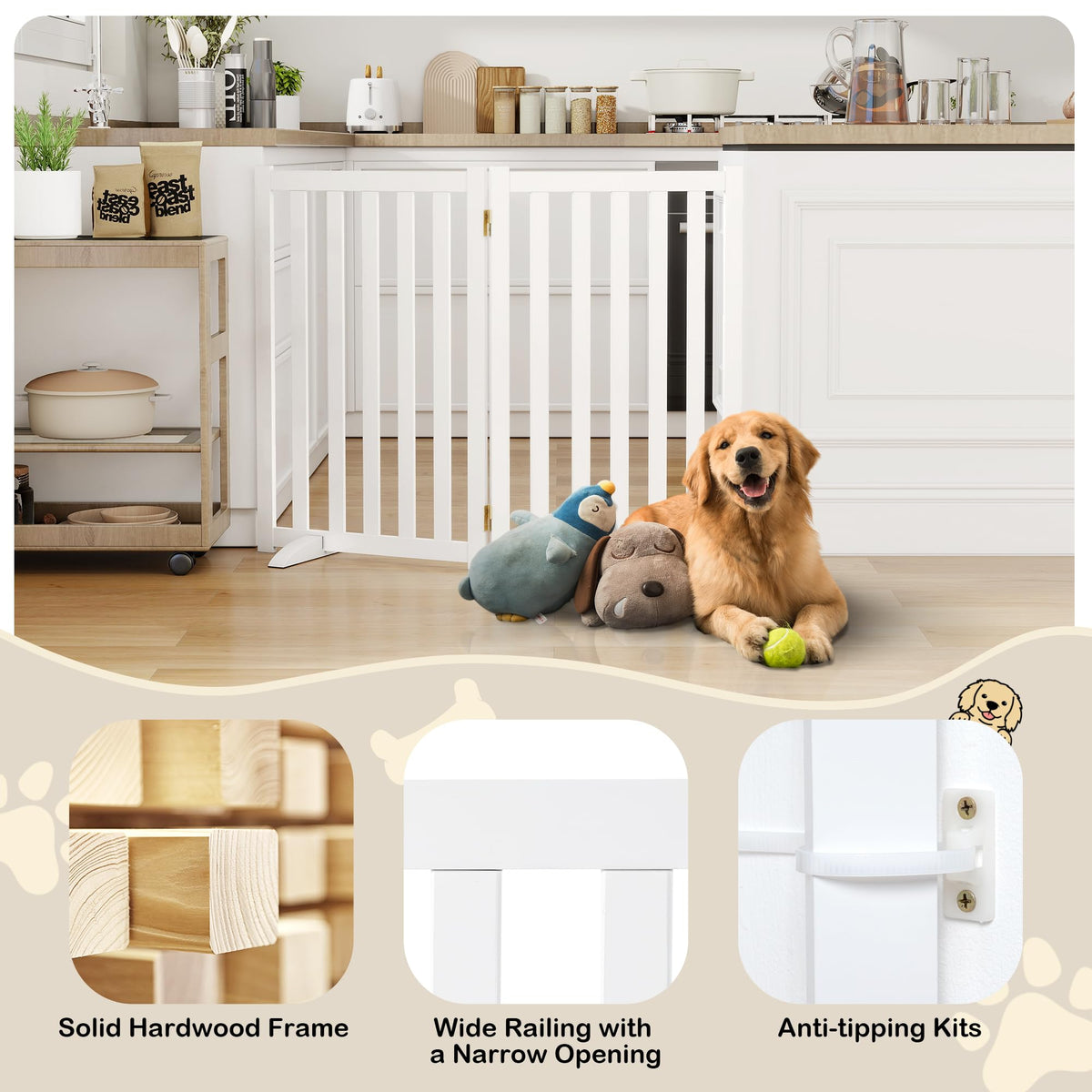 30" Height Tall Freestanding Pet Gate, Solid Wood Folding Safety Fence Wooden Dog Gate with 2 PCs Support Feet Ideal for Stairs, Doorways, Halls, Kitchens, Heavy Duty Gates, 2 Panels, White