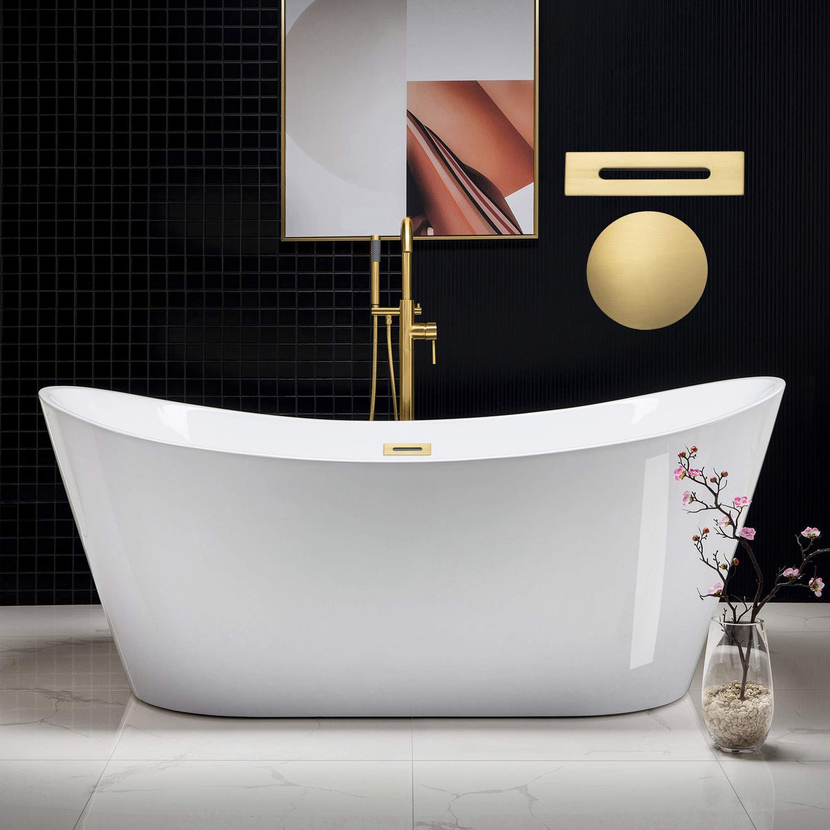 WOODBRIDGE 71"Freestanding White Acylic Soaking Bathtub with Brushed Gold Drain and Overflow,BTA1517 -BG-Drain &O