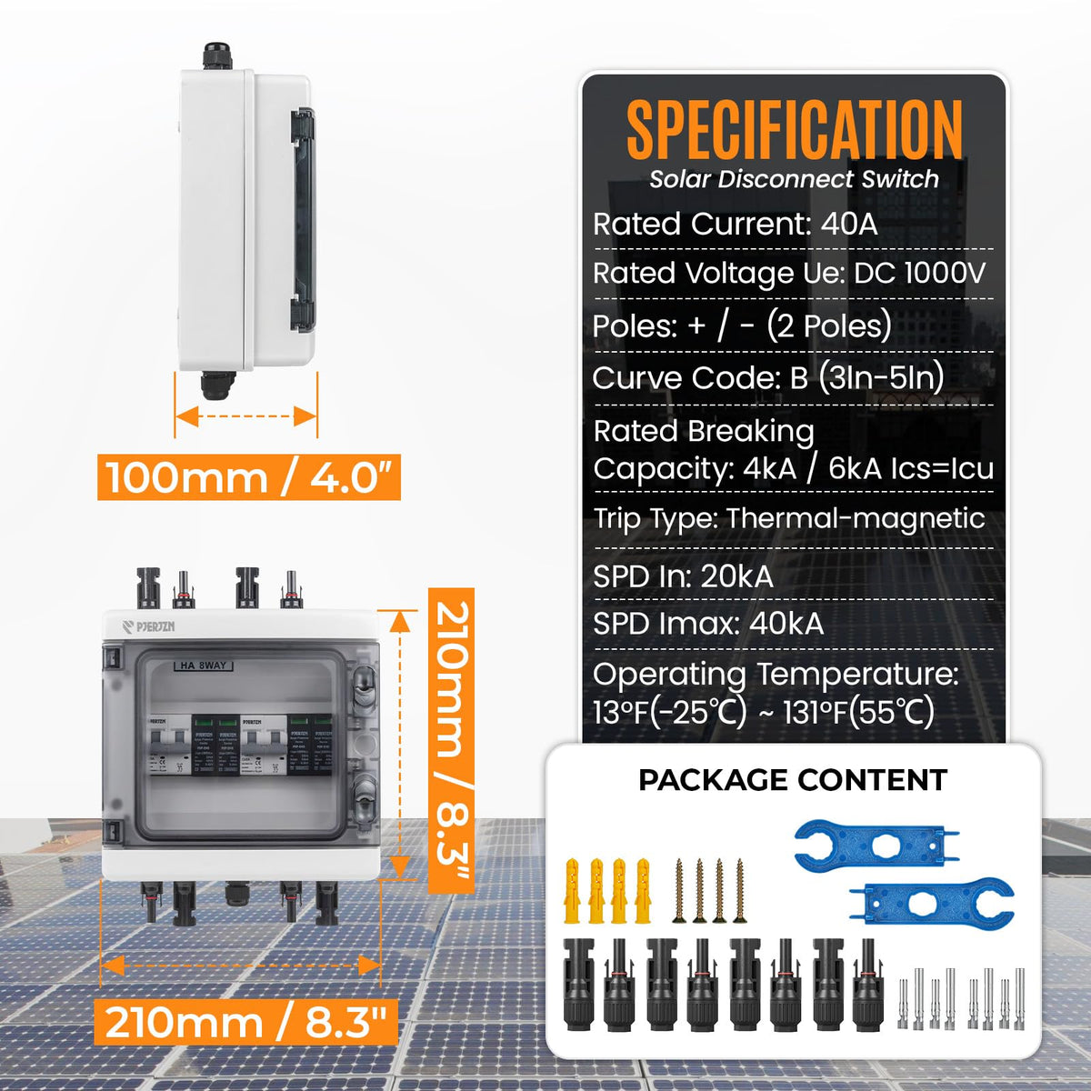 PJERJZN Solar Combiner Box 2 String PV Combiner Box 1000V DC 40A & 20-40KA SPD Power Distribution Box for Solar Panels Off-Grid Systems (2String 2 in 2 Out)