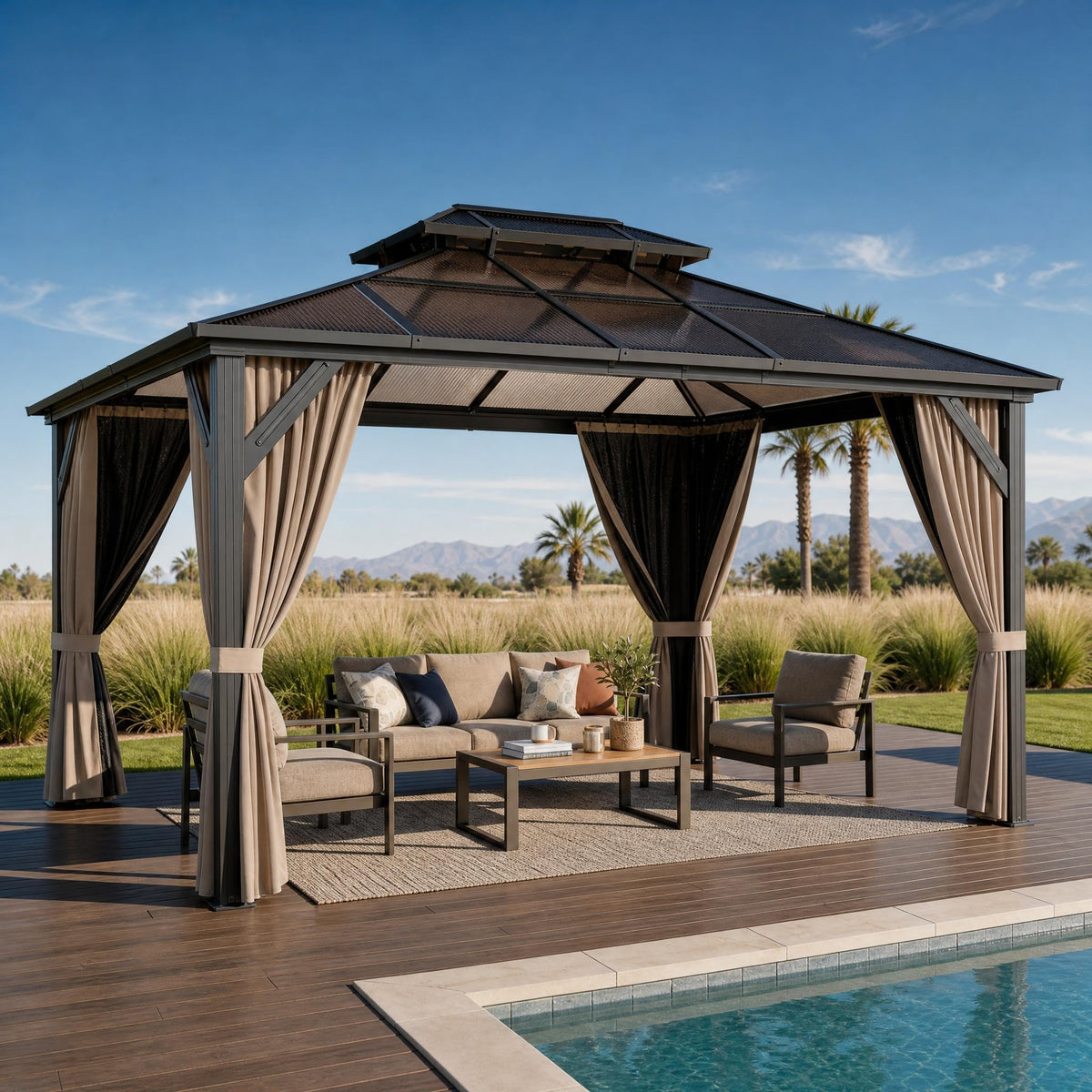10' x 13' Hardtop Gazebo with Polycarbonate Double Roof, Aluminum Frame Permanent Pavilion with Curtains and Netting, Outdoor Gazebo for Patio Backyard (Khaki)