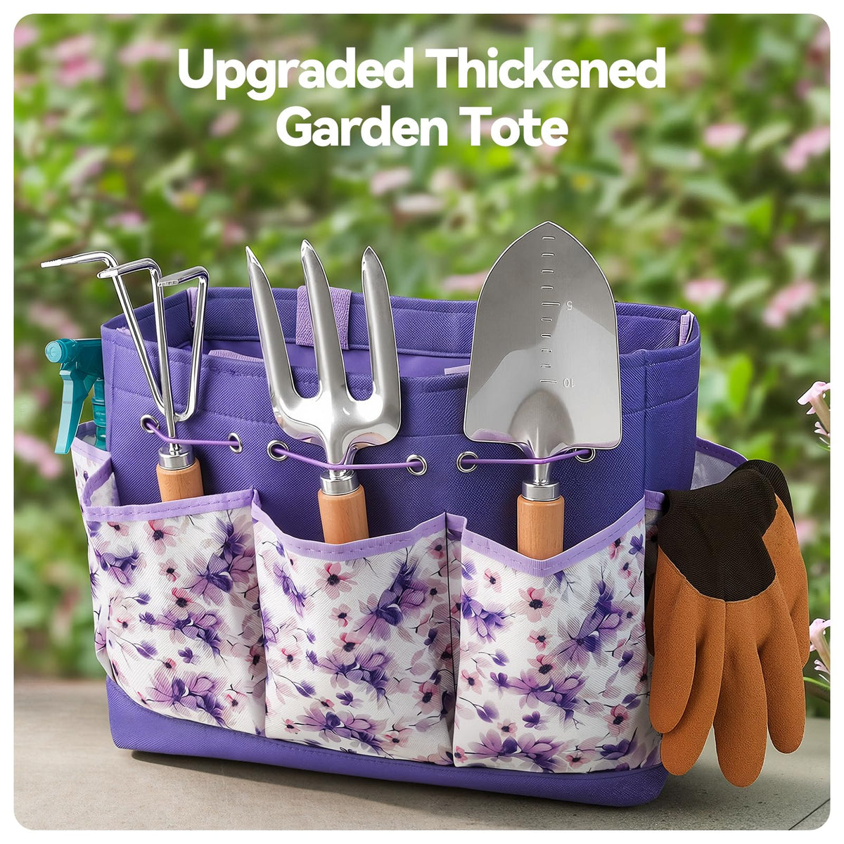 Grenebo Gardening Tools 9-Piece Heavy Duty Garden Hand Tools with Fashion and Durable Garden Tools Organizer Handbag, Rust-Proof Garden Tool Set, Ideal Gardening Gifts for Women (Purple)