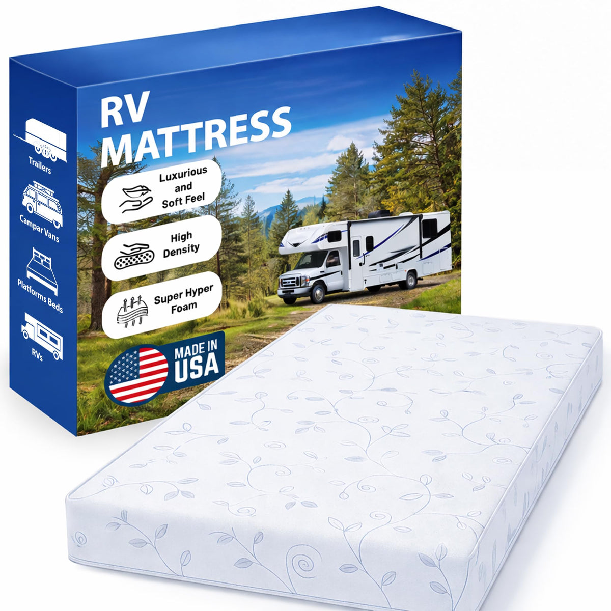 Greaton, 8-Inch High Density Foam RV Mattress Replacement, Medium Firm, Travel Camper Trailer Truck and Bunk, Pressure-Relief Support, Made in USA, 75" x 36"