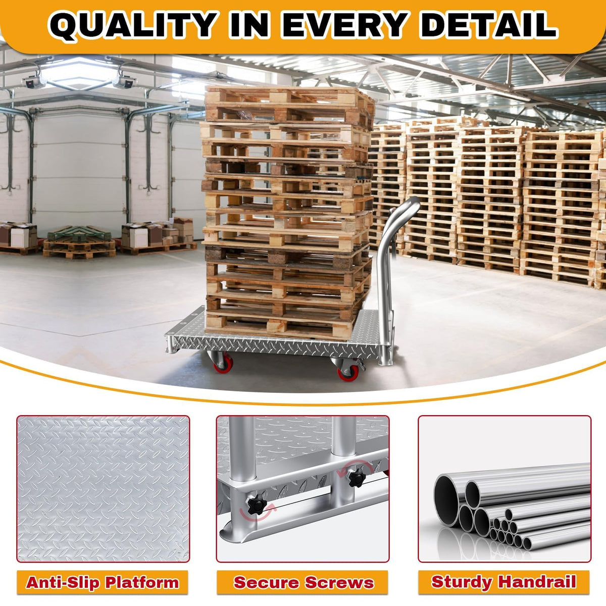2IN1 Steel Panel Cart Dolly – Large Heavy Duty Drywall Lumber Truck Cart with 2700 LBS Capacity, 40 x 24 Inch 2.2MM Steel Plate, 6.3" Swivel Brake Wheels, 1 Front & 3 Side Handrails