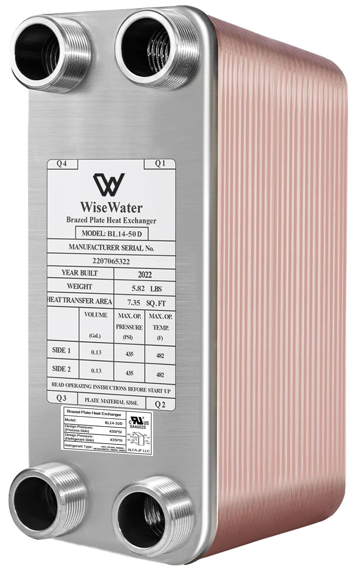 AB Plate Heat Exchanger, 3"x 8" 50 Plates Water To Water Heat Exchanger, Copper/SS316L Stainless Steel Brazed Plate Heat Exchanger For Floor Heating, Water Heating, Snow Melting