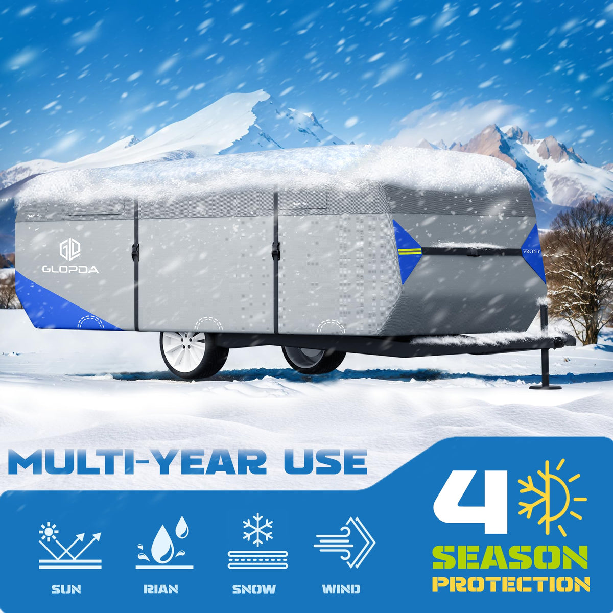 GLOPDA Pop Up Camper Cover Fits 14' - 16' Trailers, Anti-Tear 7 Layers Top 3 Layers Side Tent Trailer Cover, Waterproof Pop Up Folding Trailer Cover with Windproof Strap, Superior RV Covers